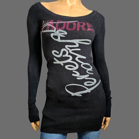 Y2K Joshua Perets Mini Sweater Dress size XS Black Pink Rhinestones Emo Mcbling - Picture 1 of 12